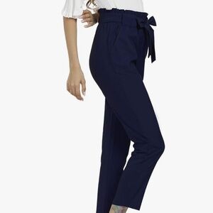 High Rise Paper Bag Pants Elastic Waist Slim Pockets Navy Blue